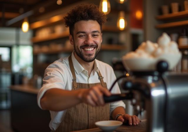 Barista preparando café artesanal com sorriso
