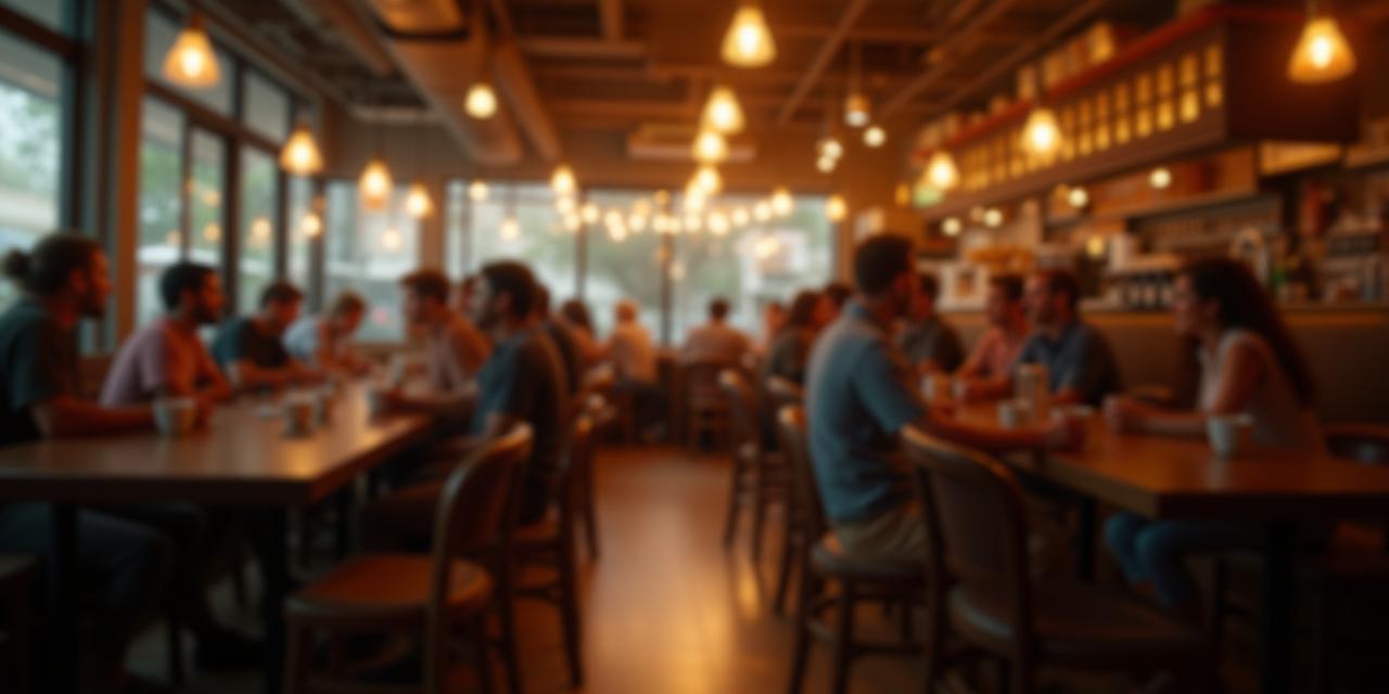 Ambiente aconchegante do Café Sabor Paulista, com clientes felizes e xícaras de café na mesa