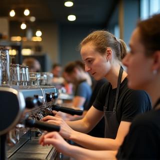 Alunos em treinamento de barista, praticando extração